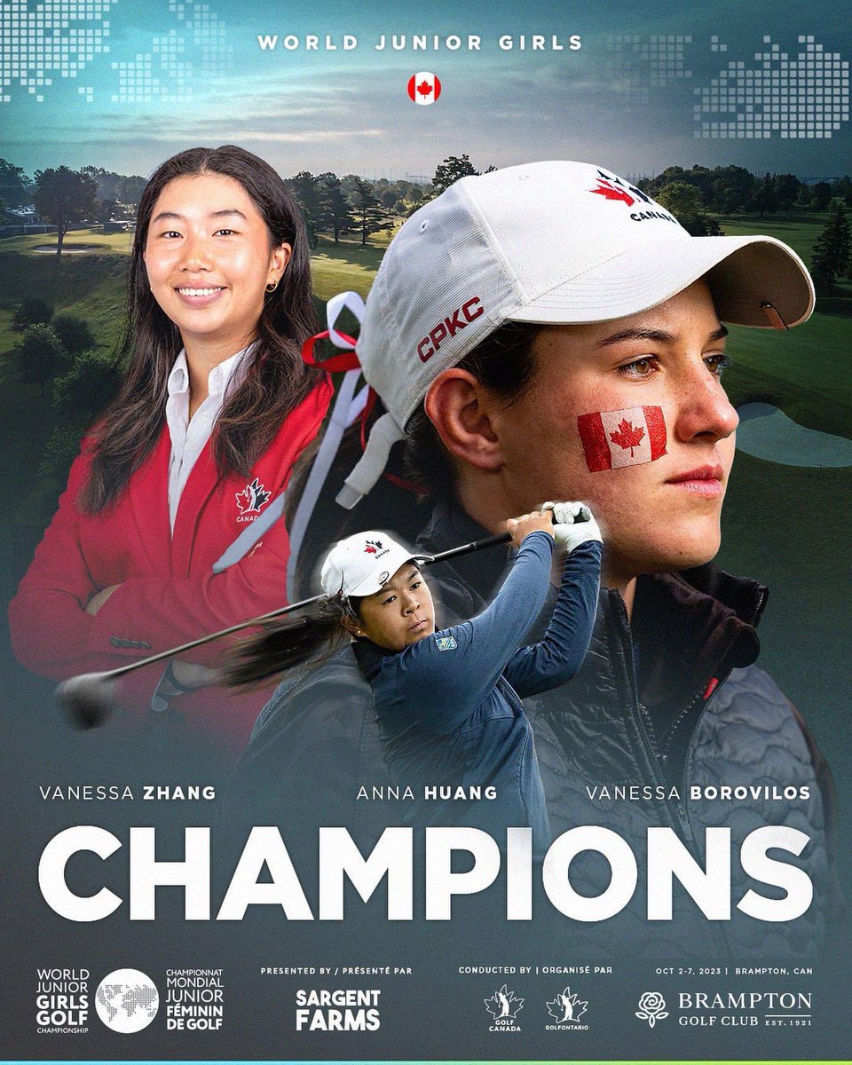 Canada claims victory at the eighth edition of the World Junior Girls Championship, proudly bringing the championship trophy home. The team includes Anna Huang, Vanessa Zhang, and Vanessa Borovilos. 🏆🇨🇦🌏⛳️
