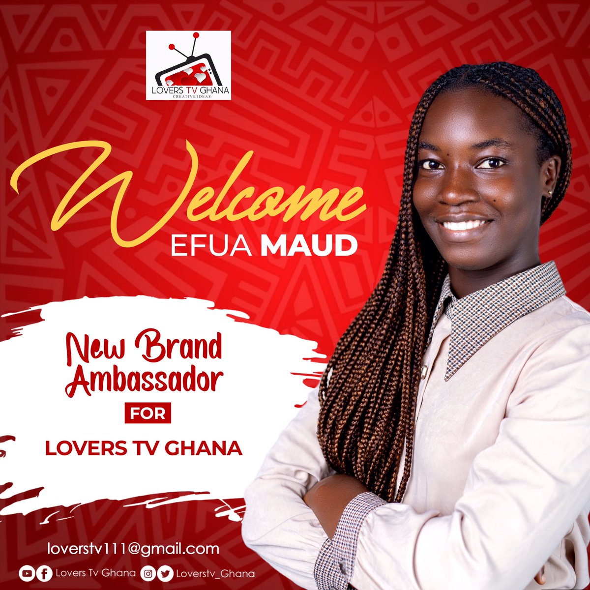 LOVERSTV_GHANA's tweet photo. LOVERS TV GHANA unveil @EfuaMaud as brand ambassador.      

Sakina Maud Arthur, also known as Efua Maud, has been selected as the brand ambassador for LOVERS TV GHANA, a multi-award-winning internet television channel in Ghana. 

Congratulations to Efua Maud https://t.co/AVYQlvdLyD