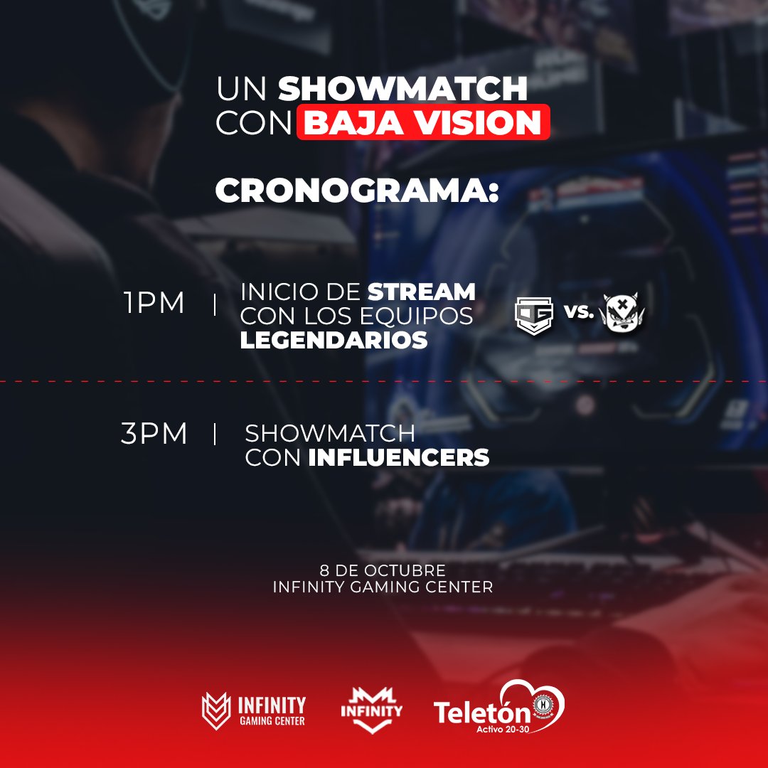 ¡CRONOGRAMA: UN SHOWMATCH CON BAJA VISIÓN CON <a href="/TeletonCR/">Teletón Costa Rica</a>! 🔥

⏰ 1 PM. <a href="/OGEsportsGG/">OG Esports (en🏠)</a> 🆚 <a href="/ant_trolls/">Another Troll Team</a>
⏰ 3 PM. Showmatch con Influencers.
📹 Transmisión: twitch.tv/InfinityGaming….

¡Te esperamos mañana en nuestro #INFINITYGamingCenter! 🙌

#CambiáComoVenElMundo #Teleton2023