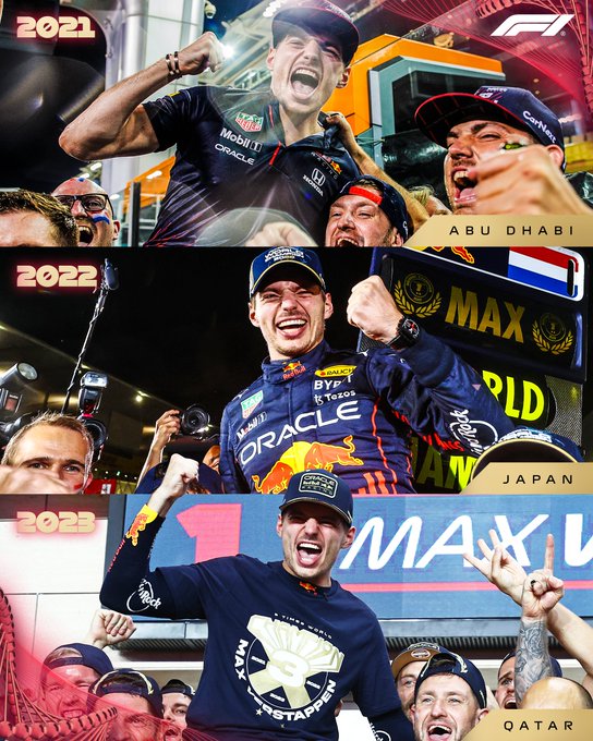 Three photos of Max Verstappen celebrating with his fist held aloft in the air, in 2021, 2022, and 2023