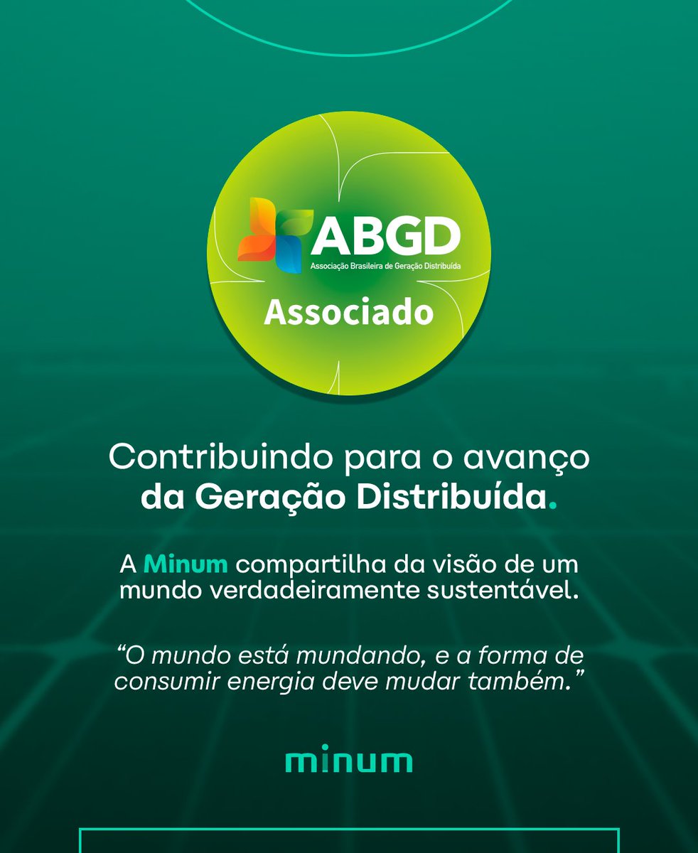 MinumEnergia's tweet image. Ser associado @abgd_oficial é contribuir ativamente para o avanço da Geração Distribuída, incorporando os conceitos de sustentabilidade e eficiência energética.

#minumenergia #ABGD #associadoABGD #planominum #energiasolar #sustentabilidade #empresaverde #energiarenovavel