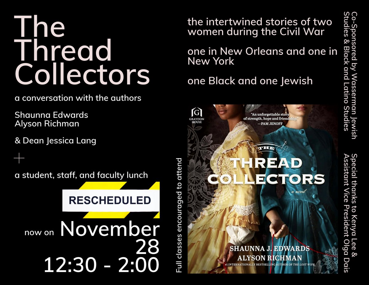 Due to ongoing network issues @BaruchCollege, our discussion with the authors of The Thread Collectors has been postponed. We’ll see you on Nov. 28th! More details to come……