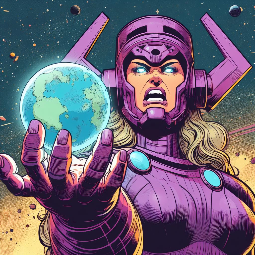 kentbobby2000's tweet photo. Trying out that AI thing. Not too bad, especially for a concept that has unfortunately so very few existing images (female Galactus). https://t.co/7dPMTcTXUv