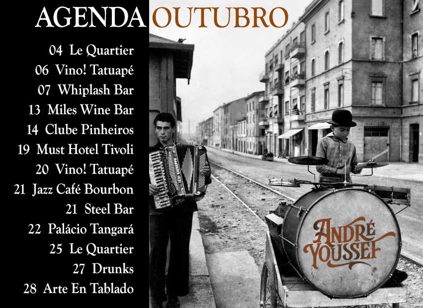 andreyoussef's tweet photo. Agenda de Shows | Outubro 2023

04 Le Quartier
06 Vino! Tatuape 
07 Whiplash Bar
13 Miles Wine Bar
14 Clube Pinheiros
19 Must Tivoli Hotel
20 Vino! Tatuape
21 Jazz Café. Bourbon Street
21 Steel Bar
22 Palácio Tangará
25 Le Quartier
27 Drunks Bar 
28 Espaço Arte En Tablado. Itu https://t.co/uaLWKlVta9
