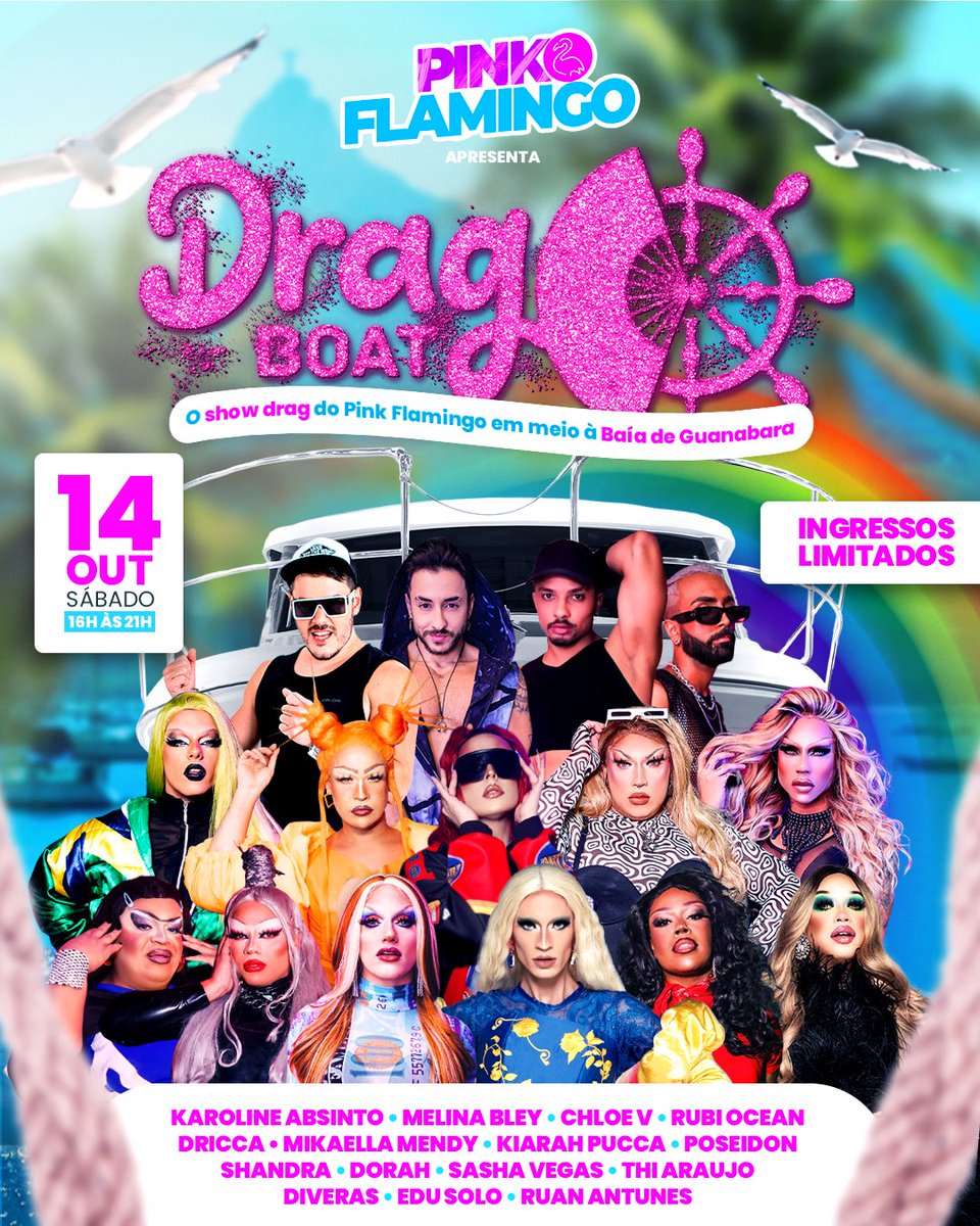 pinkflamingobr's tweet photo. Vem aí a 1ª edição do Drag Boat do Pink Flamingo! Que tal curtir shows, drinks, DJs e muita vibe com o visual da Baía de Guanabara de fundo?! 🤩 Ingressos: https://t.co/ArJgjKjkRe 🦩🏳️🌈🏳️⚧️ #DragBoat #PinkFlamingo https://t.co/8DBsIqur1u