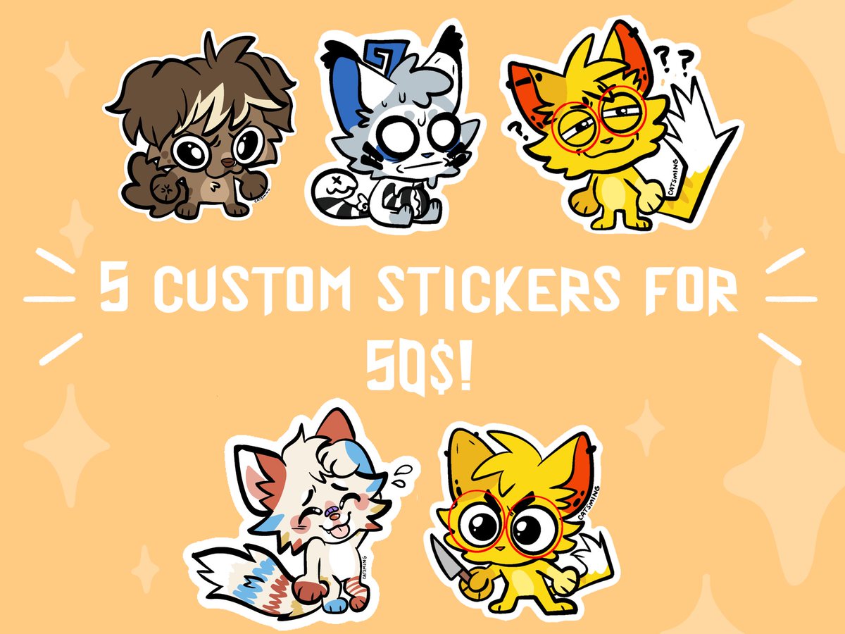 catsming's tweet photo. it’s official, custom stickers are now a commission option! 🎉I’m going to be opening these to the general public soon, but the folks who filled out my ping form a while ago get priority!✨ Check the link in my bio for all the information about these stickers! https://t.co/nlcpS4nBLY