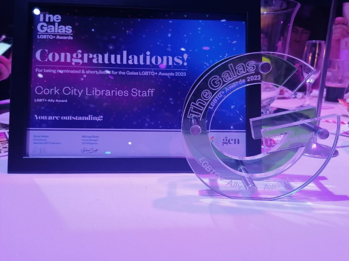 Cork City Libraries are delighted to have been awarded the LGBTQ+ Ally award at the #GALAS2023. We strive to place libraries at the heart of communities, welcoming and supporting everyone in their enjoyment of reading, and in their pursuit of learning, knowledge and culture.