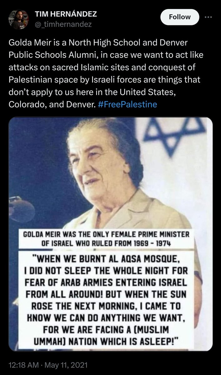 Revolutionary #coleg Rep Tim Hernández embodies growing Marxist anti-Semitism. Nothing new: Note his 2021 tweet about Golda Meir, attributing a fabricated quote. Will @coloradodems condemn such bigoted, pro-terrorist, anti-Israel rhetoric from their State Rep? #copolitics @ADL