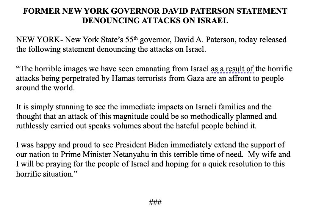 Governor Paterson statement on attacks on Israel: