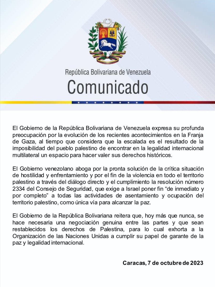 Cancilleria_ve's tweet image. #Comunicado | Venezuela expresa profunda preocupación por escalada de violencia en Franja de Gaza y aboga por La Paz (+Detalles) 👇

mppre.gob.ve/comunicado/ven…

 #ElEsequiboEsNuestro