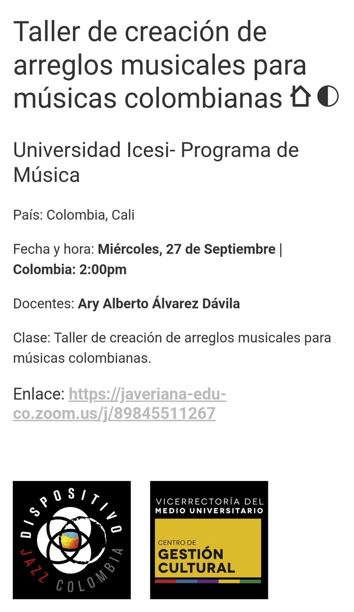 aryalvarezprofe's tweet photo. Muy importante para mí poder compartir una de las clases de arreglos musicales, a toda la comunidad universitaria latinoaméricana. Representando al  programa de música de la Universidad Icesi. Gracias especiales al dispositivo Jazz Colombia y a la Universidad Javeriana Bogotá. https://t.co/lqD7F5Cg1D