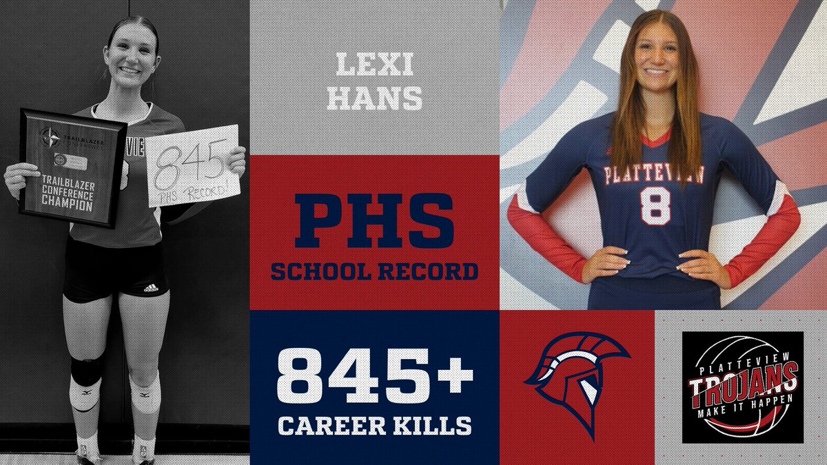 Congratulations to @lexihans on earning the new Platteview Career Kill Record!!! She surpasses the previous record of 844, held by @sabrina_starks. @Trojans_of_PHS