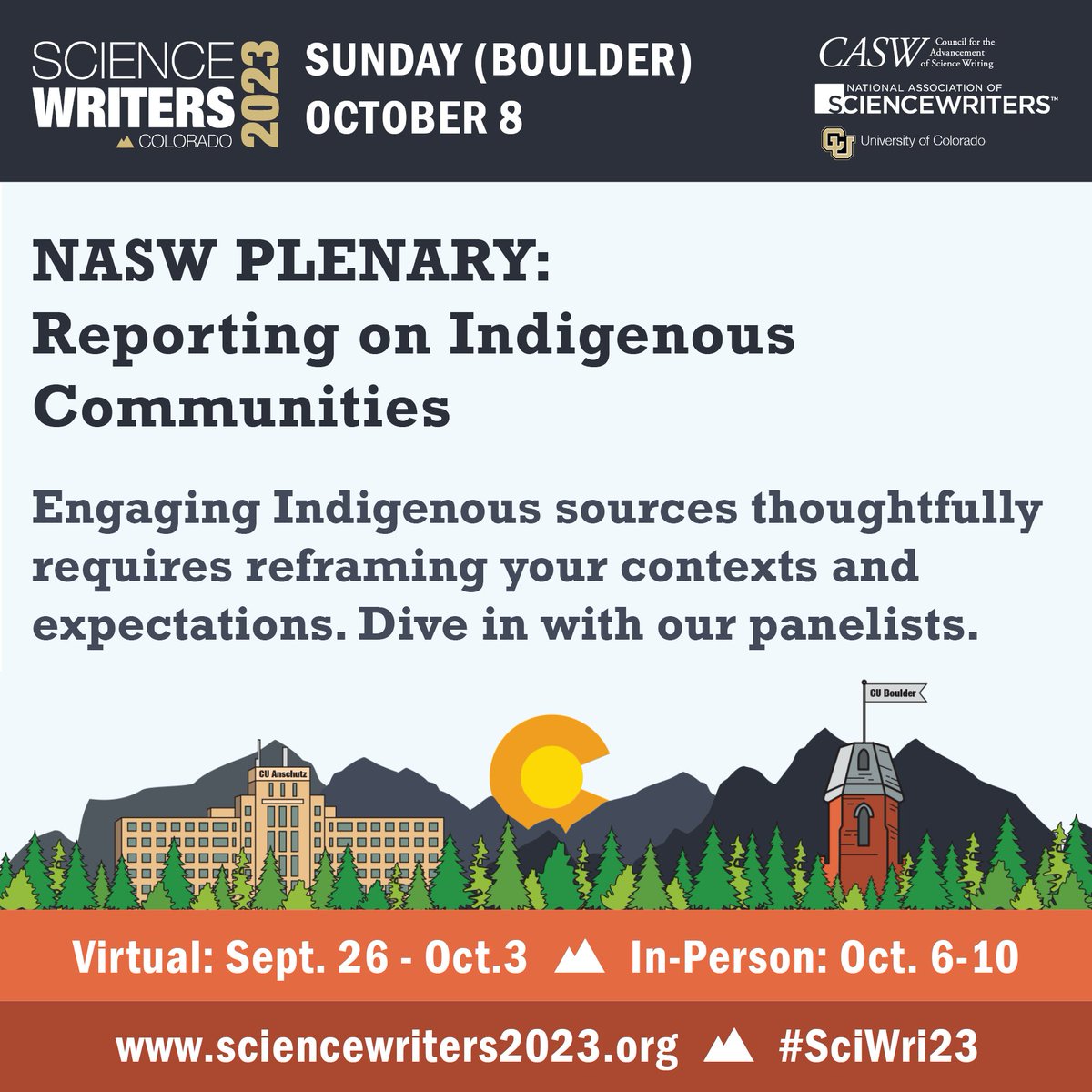 ScienceWriters's tweet photo. STARTING AT 8:30 AM MDT #SciWri23: Join @kategammon @rboyle31 for the "Reporting on Indigenous Communities" #IndigenousReporting plenary session. (Folsom Field, Byron White Club)
Schedule: https://t.co/xHYtU9pPYC
FAQ: https://t.co/hnDh9Xsco9
Policies: https://t.co/A98V5UIpP8 https://t.co/0AdlXUqjVK