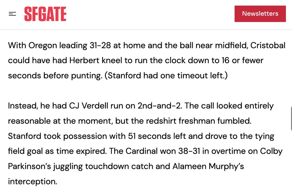 ChrisVannini's tweet photo. I completely forgot Mario Cristobal had almost the EXACT same thing happen to him in the 2018 Oregon-Stanford game, ran the ball instead of kneeling and fumbled. https://t.co/uOX0KzRn5Z