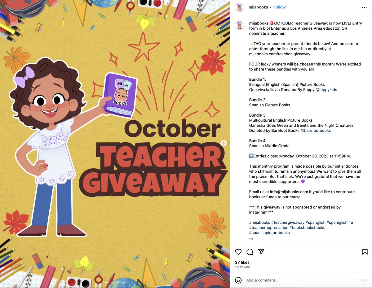 <a href="/ChristineSlayt1/">Christine Slayton, NBCT 👩🏽‍🏫</a> Deadline = Oct 23, 2023. Enter to win 1 of 4 book bundles from Mija Books. Share with fellow Los Angeles teachers.
instagram.com/p/Cw459k7g_Nx