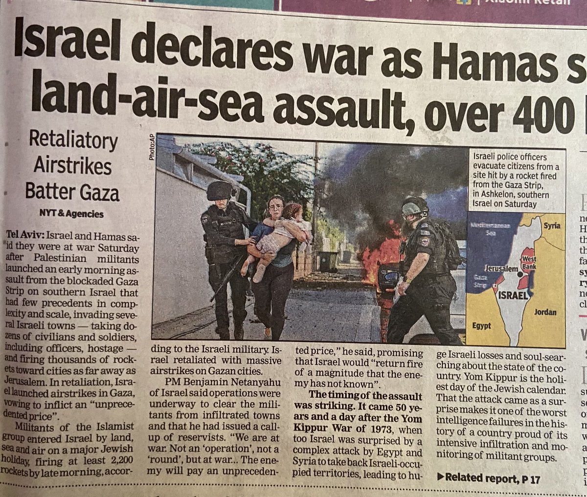 Unexpected and audacious attack by #Hamas on #Israel. Shocking, worst  intelligence failure by Israel, a country that prides itself on its  intelligence gathering & infiltration. Lesson for authoritarian leaders of  political parties: