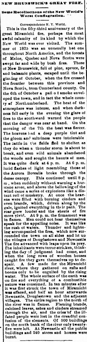 weather_history's tweet image. October 7, 1825:

Raging wildfires in New Brunswick, Canada, destroyed over 3 million acres of forest. As many as 500 people were killed. The blaze has been partly attributed to unusually hot weather in the region, coupled with outdoor burns by settlers and loggers.

#wxhistory