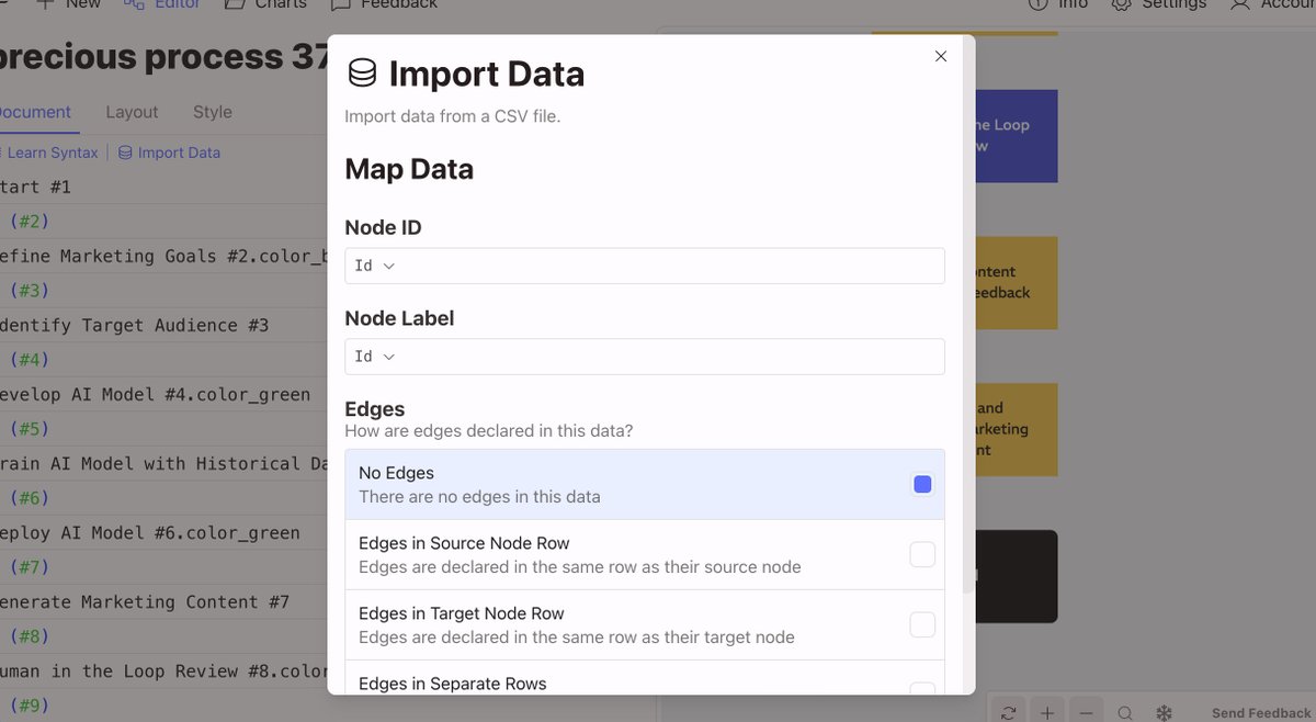 FlowchartFun's tweet image. Import data from a CSV straight into Flowchart Fun! This feature makes it easier than ever to visualize complex data. Try it today! 🔀 #DataVisualization #FlowchartFun