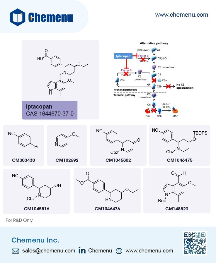 LinkchemL's tweet image. Iptacopan: The first oral targeted complement system regulatory factor B inhibitor for the treatment of complement driven nephropathy (CARD). Here come the related building blocks we can provide: buff.ly/3ZKcyim 👇 

#Chemenu #oraltargetedinhibitor #factorB  #renaldisease