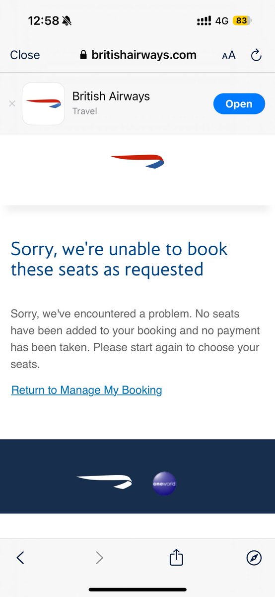 Rosshmadden's tweet photo. @British_Airways hi,  I’m trying to purchase seats on my flight in 2 days (as I wont be sat next to my wife for 14 hours if we have the auto allocation) but it has errored twice. Can you help with this, please? https://t.co/3JrSaamn1z