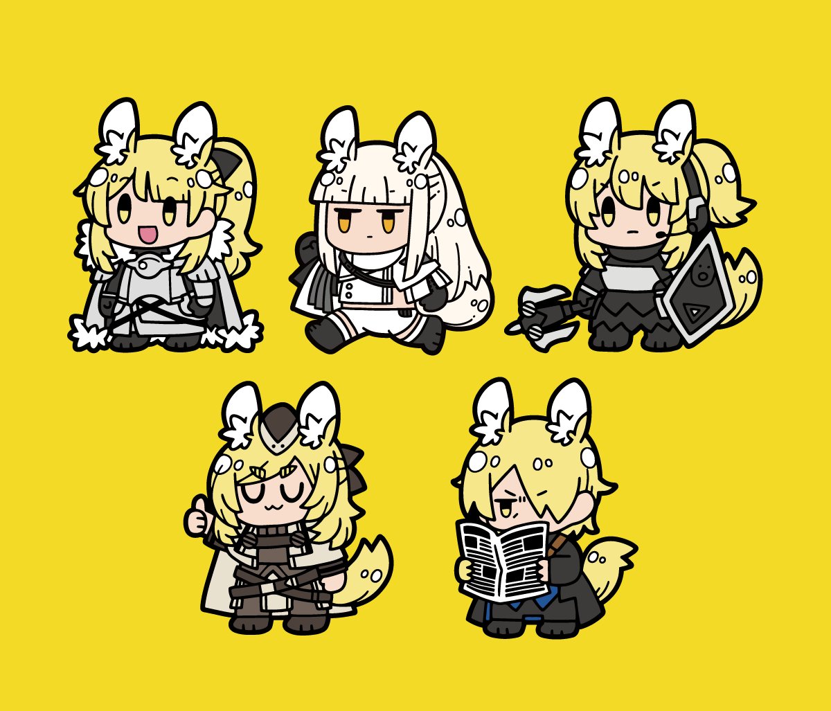 nearl (arknights) ,whislash (arknights) yellow background multiple girls horse ears animal ears tail horse tail shield  illustration images