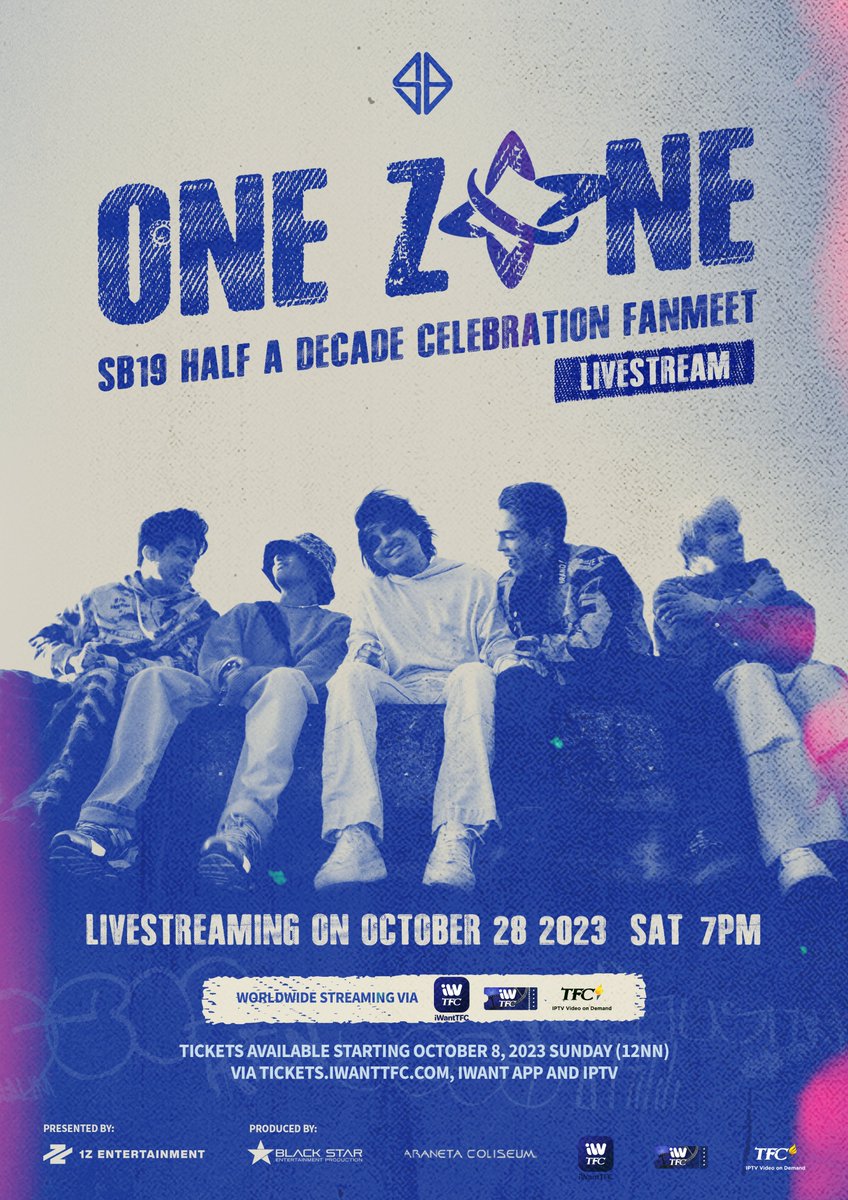 SB19Official's tweet photo. 🔹ONE ZONE [SB19 HALF A DECADE CELEBRATION] LIVESTREAM

Great news, A'TIN! We've got you covered! One Zone Fanmeet will be available via livestream so you won't miss any of the fun.

Livestream tickets are now available! Visit https://t.co/uNxwCCNDrq , use the iWant app, or tune in via IPTV.

#SB19 #ONEZONE #SB19ONEZONE