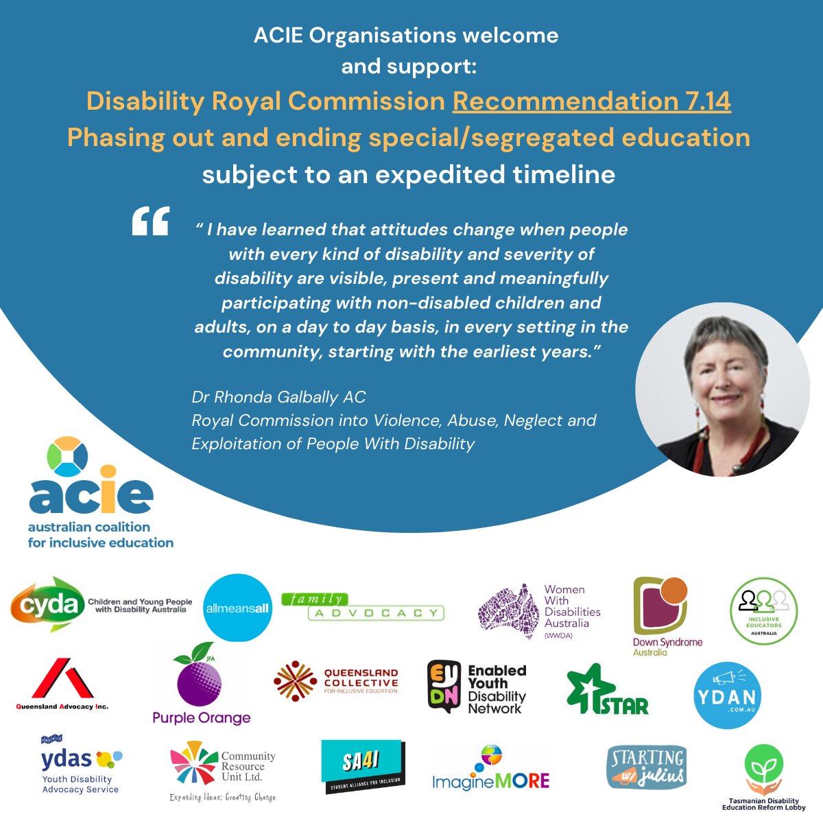AllMeansAllAus's tweet photo. We call on governments to adopt #DisabilityRC Recommendation 7.14  and commit to achieving universally accessible, quality and inclusive education that does not separate children on the basis of disability in order to provide them with the supports they need to learn and thrive. https://t.co/wJGPZu2GAo