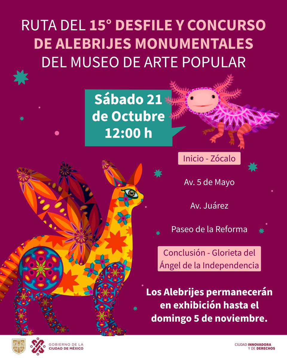 GobCDMX's tweet photo. ¡Los alebrijes tomarán la Ciudad! 🐉🦄🦆  

Este 21 de octubre, a las 12:00 horas, inicia el 15º Desfile y Concurso de Alebrijes Monumentales del @map_mexico 2023. Criaturas fantásticas de hasta 2.3 metros serán liberadas en el Zócalo para llegar al Paseo de la Reforma. 🥰   

📍 Consulta la ruta.