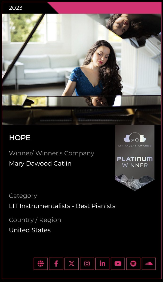 So incredibly happy, grateful, and SUPER PUMPED!!!
My piano composition HOPE has won triple Platinum in the LIT Talent Awards in the following categories: 

🤩🥰🎵🎹🎶🎼

LIT Instrumentalists - Best Pianists /1 

#litawards #littalentawards @LitTalentAwards