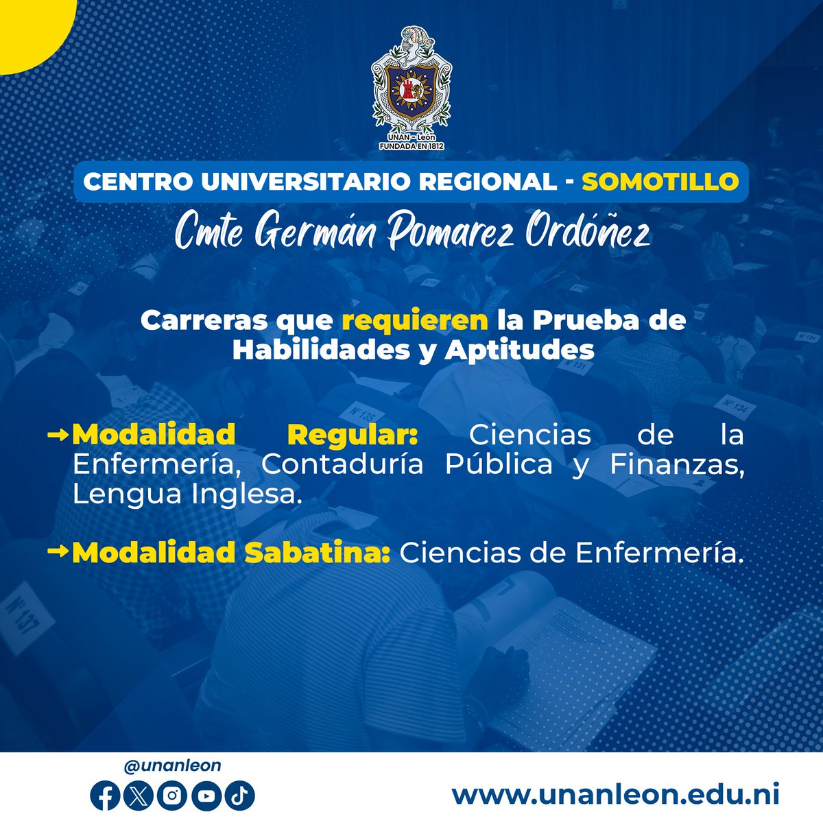 unanleon's tweet photo. Estimados aspirantes, a continuación, te facilitamos la información completa de las carreras que requieren y que no requieren realizar la prueba de habilidades y aptitudes, para el Centro Universitario Regional - Somotillo de la UNAN León. Mayor información: https://t.co/3w1MdYXuBU