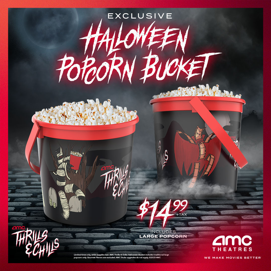AMCTheatres's tweet photo. No Trick. All Treat. Dig into a killer collectible this spooky season with our exclusive AMC Thrills &amp; Chills Halloween Popcorn Bucket, plus large 🍿  for only $14.99. https://t.co/yADNZxsitI