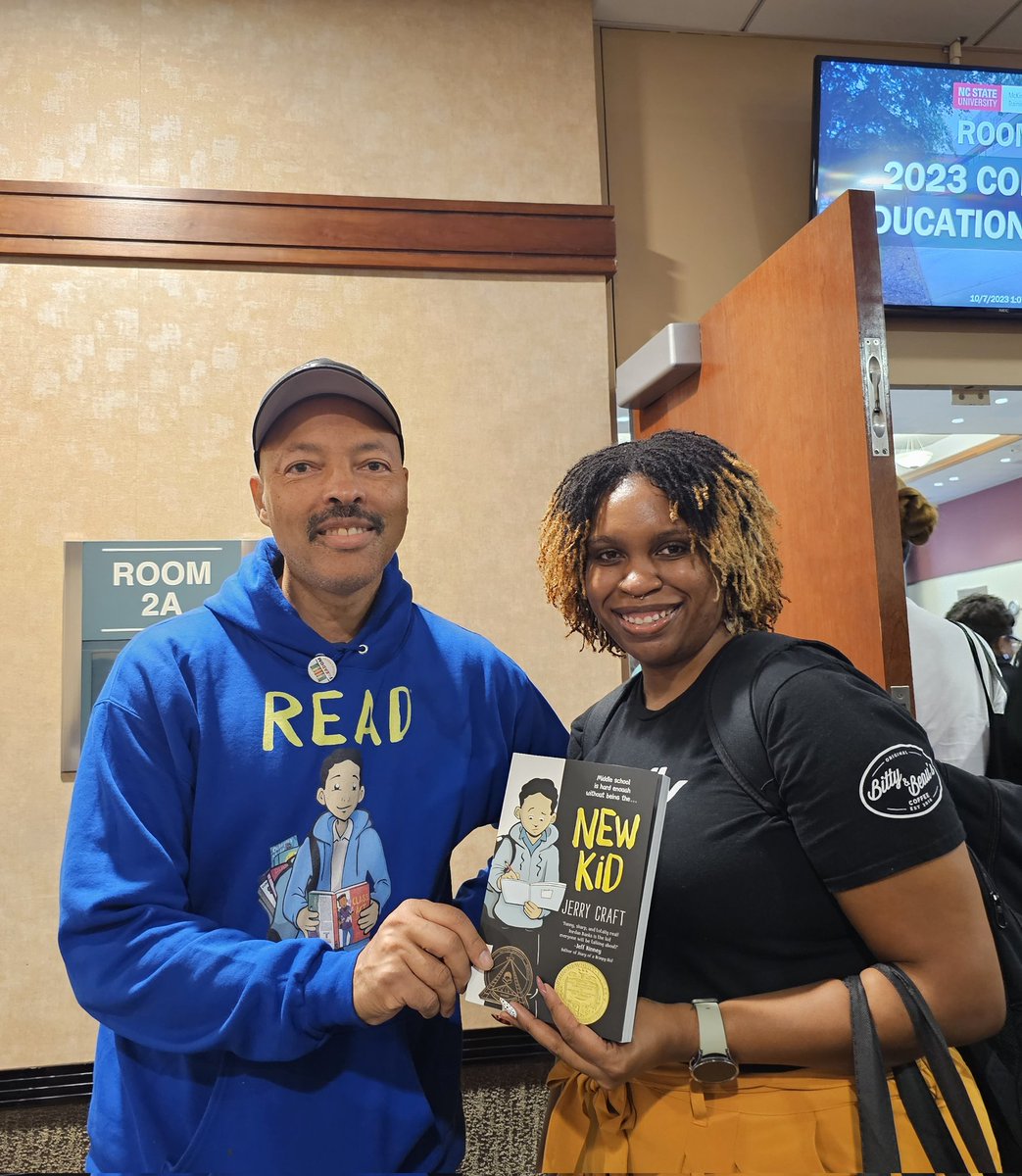 I cannot think of a more perfect picture than this one for #BannedBooksWeek 

@JerryCraft was with us today at #ColorOfEducation so of course I asked him to sign my copy of his THREE TIME AWARD WINNING book, New Kid. 🔥📚