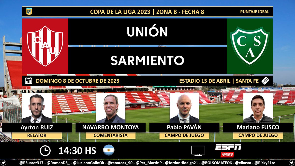 ⚽ #CopaDeLaLiga 🇦🇷 | #Unión vs. #Sarmiento 🎙️ Relator: @ayrtonmruiz 🎙 Comentarista: @NavarroMontoya 🎙 Campo de juego: @pablitopavan y @MarianoFusco2 📺 ESPN Premium 🇦🇷 🤳 #ESPNPremium - #PackFútbol Dale RT 🔃