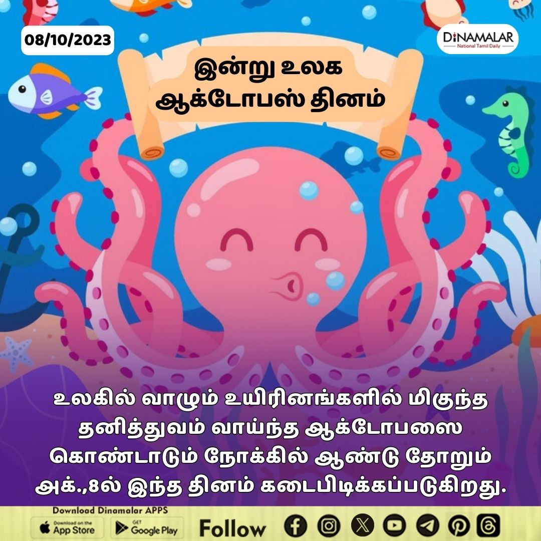 dinamalarweb's tweet photo. இன்று உலக ஆக்டோபஸ் தினம்
#dinamalar | #World | #OctopusDay | #uniquecreatures 
https://t.co/y4W3uzOopr https://t.co/OG45JpHJYB