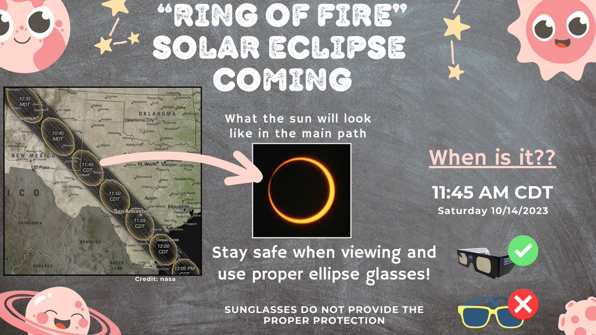 NWSMidland's tweet photo. Are you ready for the upcoming Solar Eclipse?!🌞🌚

Around 11:45am CDT next Saturday, the Moon will *mostly* block out the Sun leaving a "ring of fire."🤩

Hopefully you get a chance to watch this rare celestial sight...just make sure to use proper protective eyewear!
#txwx #nmwx https://t.co/iV4O19U47e