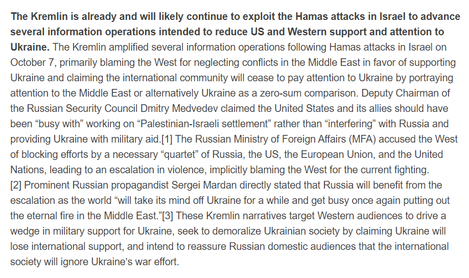 TheStudyofWar's tweet photo. NEW: The #Kremlin is already and will likely continue to exploit the #Hamas attacks in #Israel to advance several information operations intended to reduce US and Western support and attention to #Ukraine. 

Oct. 7 campaign assessment: https://t.co/LLNQ2ZBvov https://t.co/5qKZcsDVxH