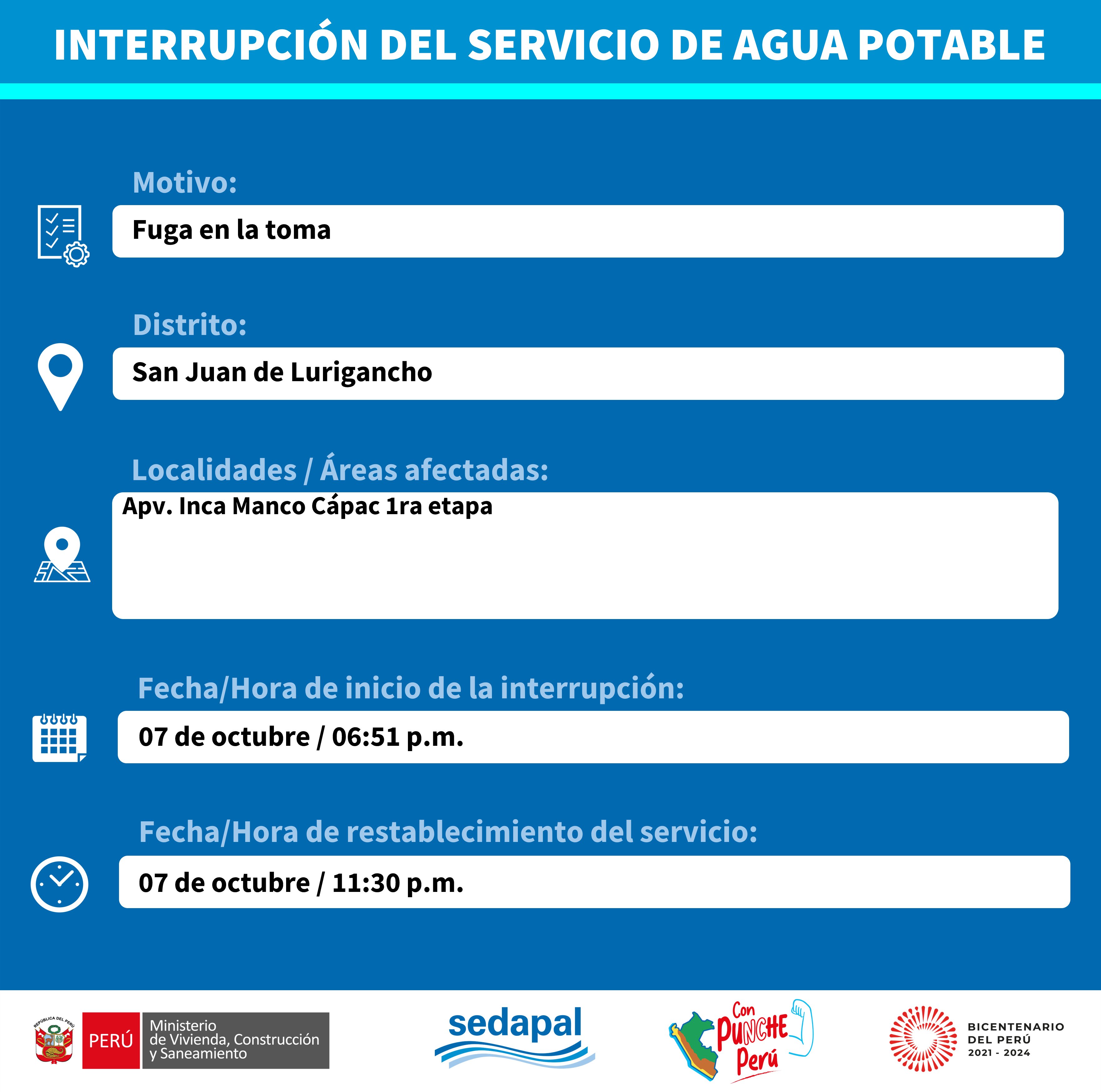 Sedapal atiende una emergencia en el distrito de San Juan de Lurigancho.