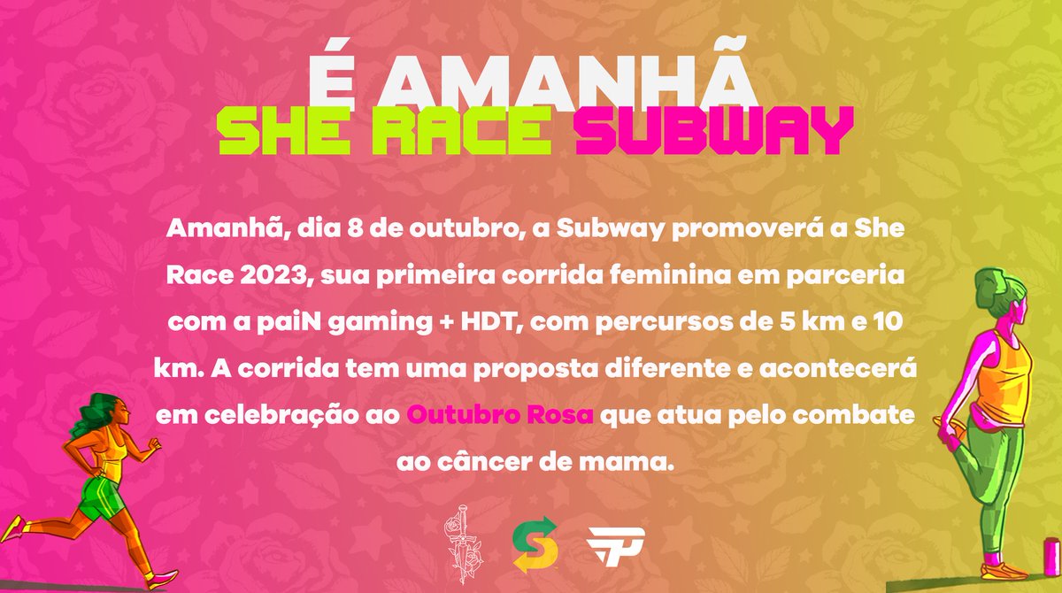 PNGHerdeiras's tweet image. TA CHEGANDO A HORA 🩷💚

amanhã, em parceria com a @SubwayBrasil e a @paiNGamingBR estaremos participando da #SheRace, uma corrida feminina que visa o combate ao cancer de mama!

vamos cobrir tudinho pra vcs e vai ter muuuito conteúdo legal lá no nosso insta! 

nos vemos lá 💘