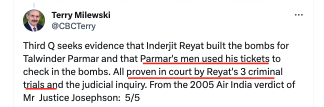 FTWHarjeet's tweet photo. 1/7 Despite being exposed multiple times, @cbcterry continues to lie. In this instance, he falsely claims that during the trial, the judge, crown, and defense all agreed that Parmar was the mastermind behind booking tickets for AI 182. This couldn't be further from the truth. https://t.co/zxSV7Px7MU