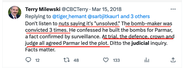 FTWHarjeet's tweet photo. 1/7 Despite being exposed multiple times, @cbcterry continues to lie. In this instance, he falsely claims that during the trial, the judge, crown, and defense all agreed that Parmar was the mastermind behind booking tickets for AI 182. This couldn't be further from the truth. https://t.co/zxSV7Px7MU