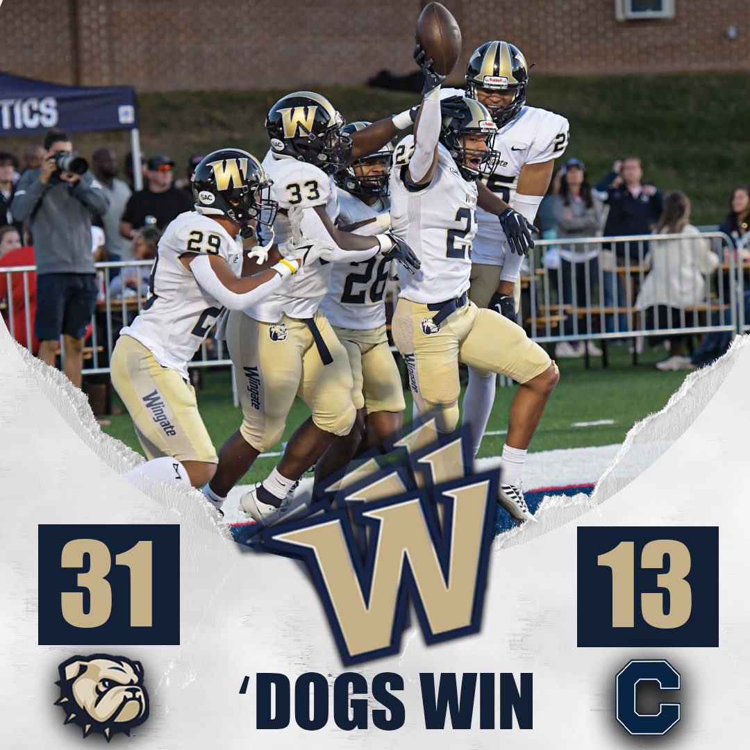 BULLDOGS WIN!!!!!! Make it three straight for @WingateFb after rolling past Catawba on the road! Homecoming next week against Limestone! #OneDog