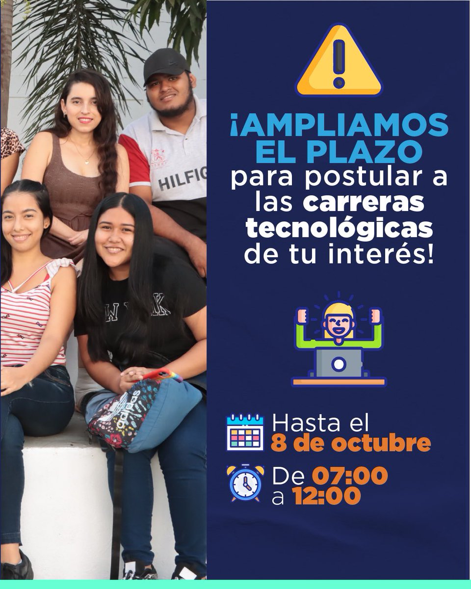 EduSuperiorEc's tweet photo. 👉¡Ampliamos el plazo para la postulación a los Institutos Superiores públicos y a las 5 Universidades públicas asistidas! 

🗓️ Hasta el 8 de octubre
⏰ De 07:00 a 12:00

🔗: https://t.co/dMfDgqKEXo

#Senescyt 
#Proyéctate
#NuestroTrabajoContinúa https://t.co/pUf29PBicq