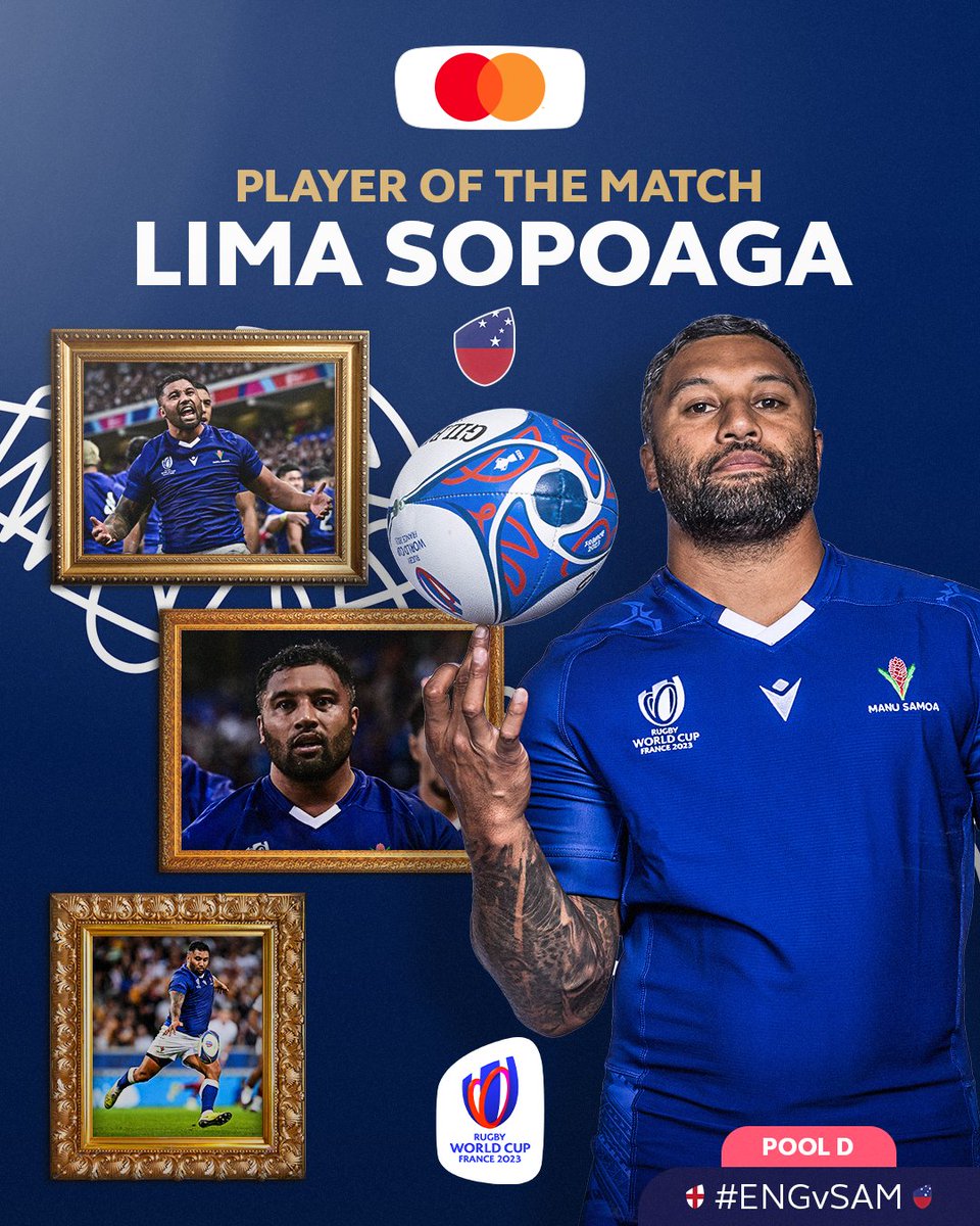 GiulioOdino's tweet image. #RugbyWorldCup2023 / #PoolD

El motor de #Samoa en Lille... 
Felicitaciones a #LimaSopoaga por ser nombrado The Power Of The Match.

#SAMvsENG
#RugbyWorldCupFrance2023
#POTM
#StadePierreMauroy
#WorldRugby