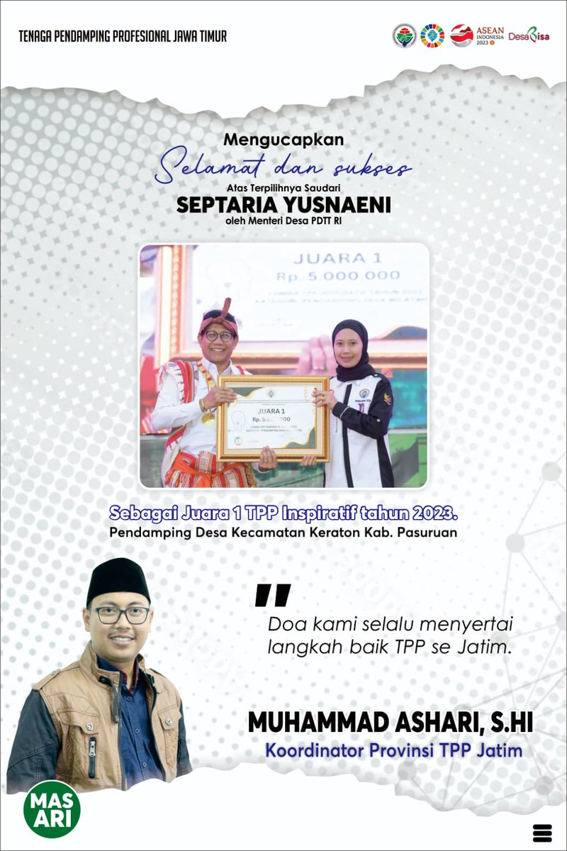 setyo_baim's tweet photo. Seluruh TPP bangga atas prestasi 
#SeptariaYusnaeniKeren sudah mewakili TPP se-Indonesia telah meraih
#Juara1TPPInspiratif
@halimiskandarnu
@taufikmadjid71
@yusradaridesa 
@Kemendespdtt
@tppkemendes
@Septaria_Yus
@WillyamBrams
@Arie_Asharie https://t.co/HJTQrlrGEv
