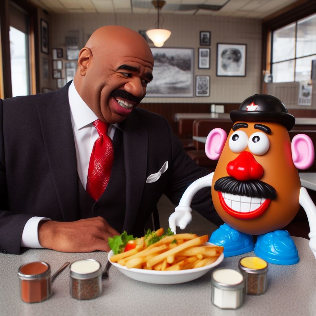 TrashRatDarcy's tweet image. heres another banger set I did before they started blocking real people 😭

heres "Steve Harvey and Mr potato head having lunch together"