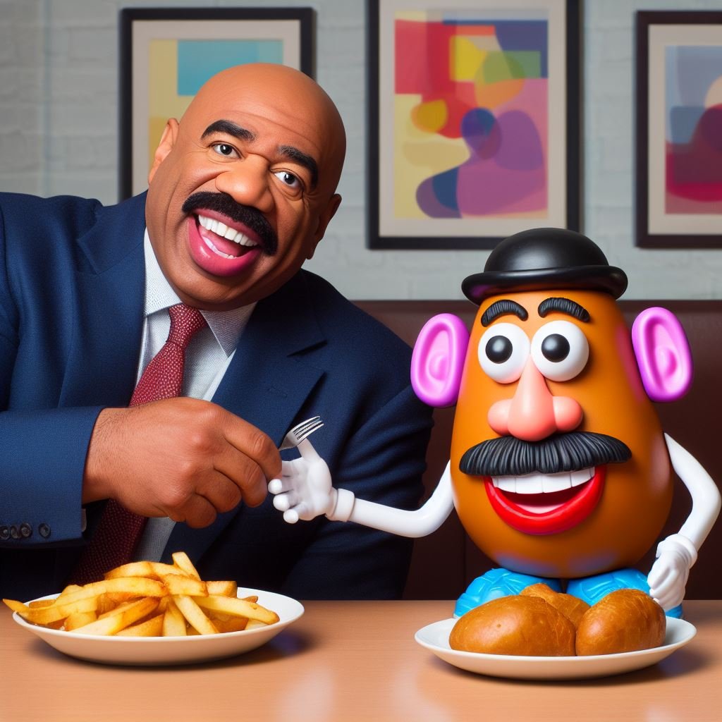 TrashRatDarcy's tweet image. heres another banger set I did before they started blocking real people 😭

heres "Steve Harvey and Mr potato head having lunch together"