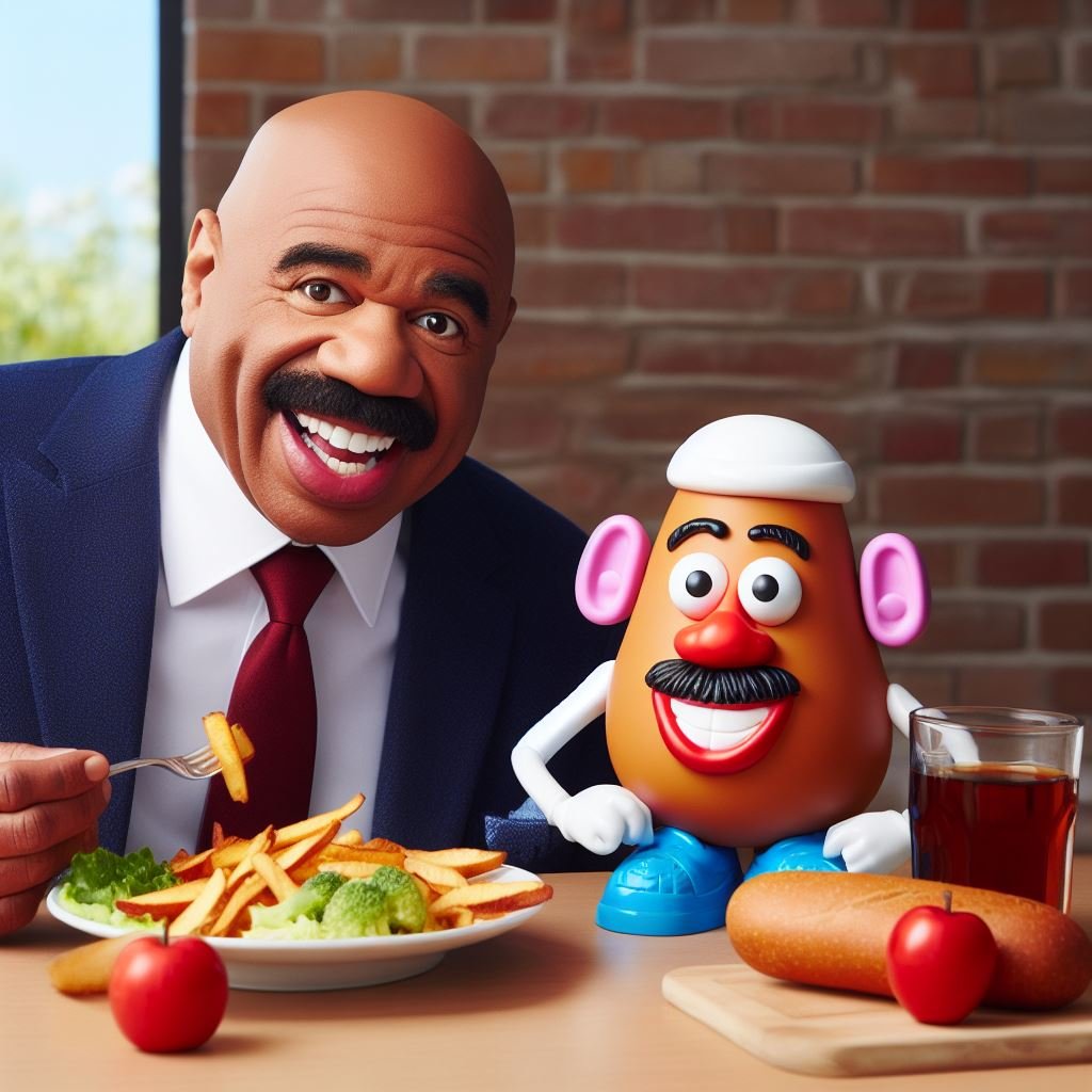 TrashRatDarcy's tweet image. heres another banger set I did before they started blocking real people 😭

heres "Steve Harvey and Mr potato head having lunch together"