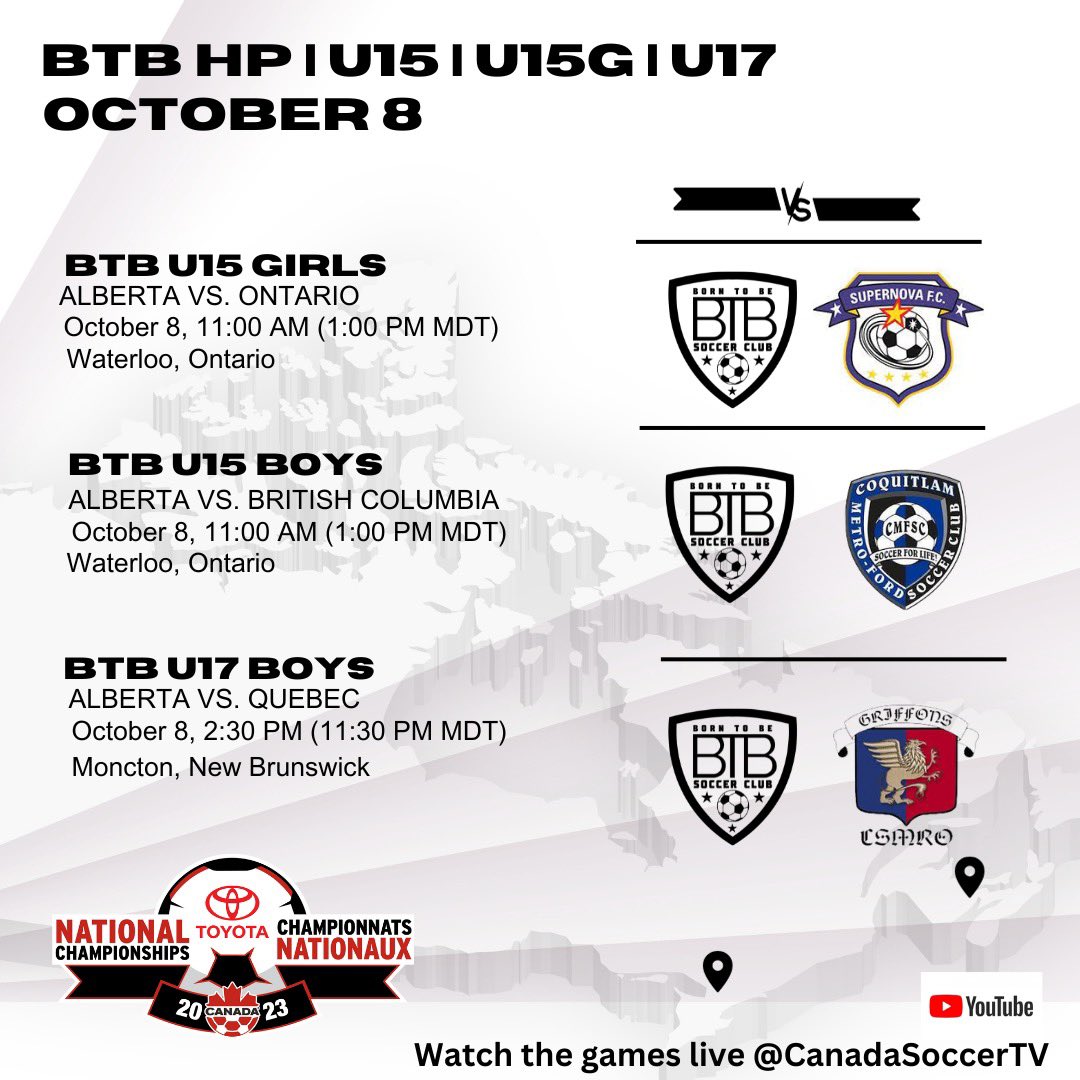 Game #4 for the BTB teams at @canadasoccer Toyota National Championship. 2008 HP Boys will play BC in the U15 boys semi-finals. 2006 HP Boys will play Quebec (@csmrogriffons) in the U17 Boys semi-finals. Good luck to all teams tomorrow. Let’s goooo!!! #btbway #btbproud