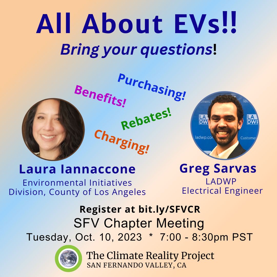 What's bidirectional charging? Is it worth getting an #EV if I don't have solar? How do I cope with range anxiety? How does LA manage equitable time useage of #EVchargers? Join us on 10/10, 7-8:30pm, for a discussion about all things EV. Register now at bit.ly/SFVCR!