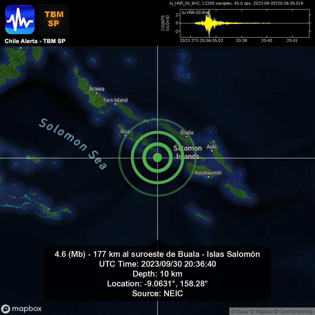 ChileAlertaApp's tweet photo. New #Earthquake. 🌎
4.6 (Mb) - 177 km al suroeste de Buala - Islas Salomón.
2023/09/30 20:36:40 UTC.
App: https://t.co/RblVNxZYn8
#Buala #IslasSalomón #earthquake #sismo #temblor #terremoto https://t.co/qfGyQ0INen